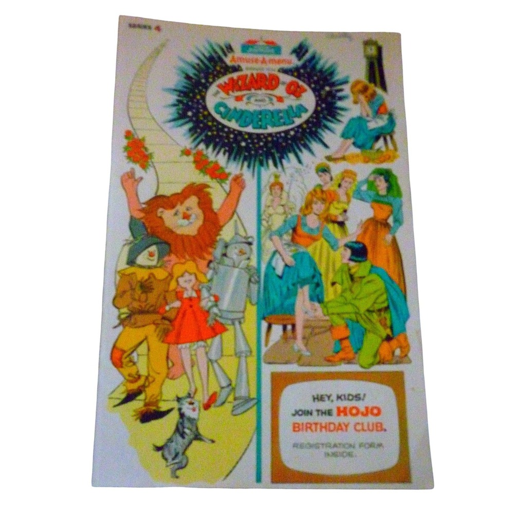 Vintage 1969 Howard Johnson's Childrens Menu Wizard  Oz Cinderella Amuse-A-Menu